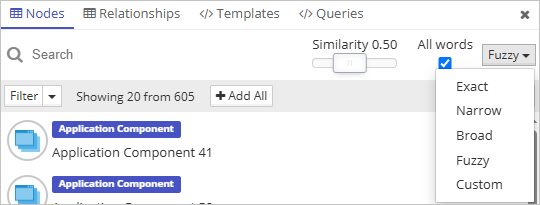 Search modes exact, broad, narrow, fuzzy, and custom are available in Graphlytic.
