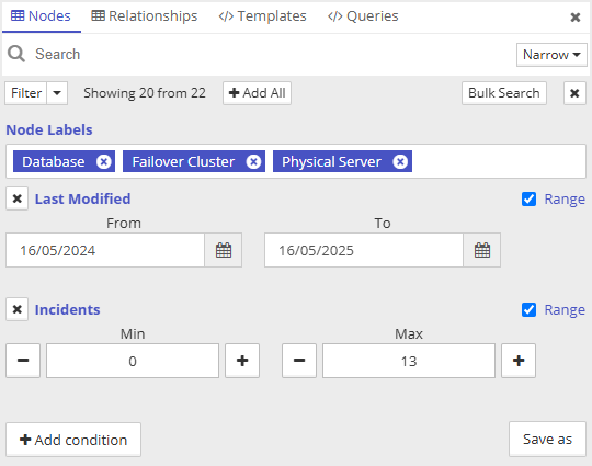 Range filters in the fulltext search in Graphlytic visualization.