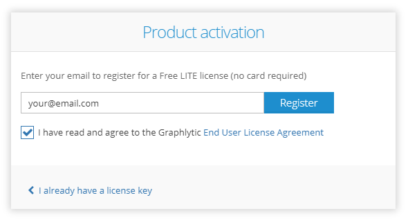 Graphlytic LITE Server activation - enter email address