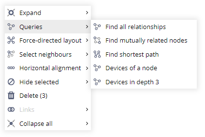 Graphlytic context menu in the graph visualization and its Queries submenu